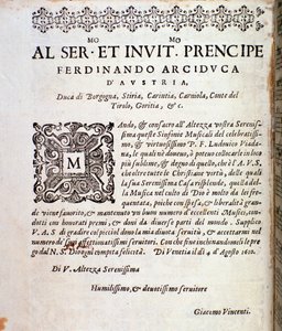Page of dedication to Ferdinand of Austria in musical score of Sinfonie musicali by Ludovico Viadana