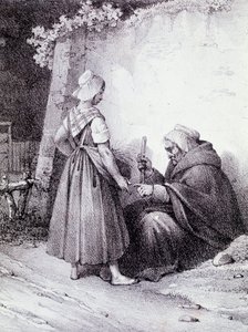 Palmistry: an old fortune teller reads the hand of a young girl