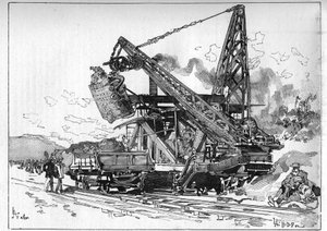 Panama Canal works. Main machines: Osgood excavator. Engraving in Le Monde Illustré by Unknown artist