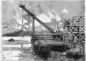 Panama Canal works. Main machines: the Bigue pontoon. Engraving in 