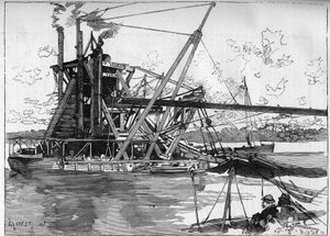 Panama Canal works. Main machines: the great American dredge. Engraving in Le Monde Illustré