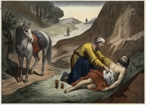 Parable of the Good Samaritan: the Samaritan stopped on his way to rescue the dying man. Anonymous engraving from the middle of the 19th century by Unknown artist