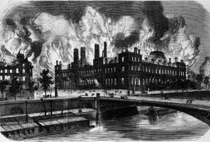 Paris, the Commune: Fire of the Hotel de Ville on 24 May 1871 (engraving of the 19th century)