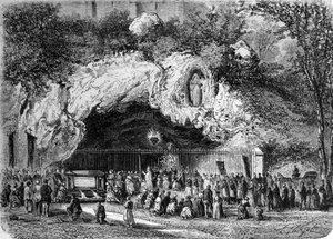 Pilgrims in front of the miraculous cave of Lourdes in the High Pyrenees where the Virgin appeared to Bernadette Soubirous in 1858, present place of pilgrimage. Engraving of the 19th century
