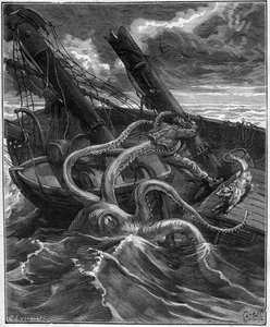 Perilous Adventures Of Narcissus Nicaise In Congo - by Armand Dubarry 1836-1910 - he had in front of him a formidable marine monster (Giant octopus) - engraving in Journal des voyages 1881 by Unknown artist