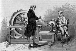 Physics experience in the 18th century: glow produced by an electric machine. (From Abbe Nollet). Engraving in 