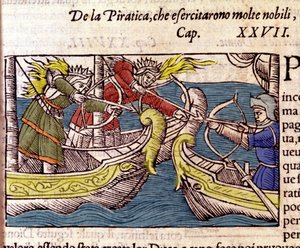 Piracy was practised by many Scandinavian noble women. Engraving from “Historia de gentium septentrionalium” by Olaus Magnus, Venice 1567. by Unknown artist