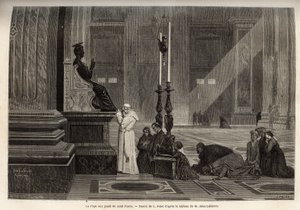 Pope Pius IX (1792-1878) collected at the foot of the statue of St. Peter, at the entrance of the Basilica, in the Vatican. Engraving to illustrate the Rome story, by Francis Wey, in 1864-1868, published in le tour du monde, edited by Edouard Charton by Unknown artist