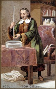 Portrait of Evangelista Torricelli (1608-1647), Italian physicist, with his invention: the Barometer (mercury tube)