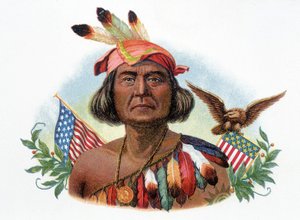 Portrait of Geronimo, Apache Chief in Front of American Flags. Chromolithography of the 19th Century