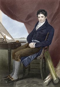 Portrait of Robert Fulton (1765 - 1815), American shipbuilding mechanic (Nautilus). Engraving of the 19th century