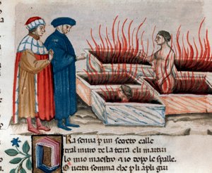 Portrait of Italian poet Dante Alighieri with Virgil among heretics as Farinata degli Uberti (song 10 from Hell, in the Divine Comedy) - Miniature 15th century
