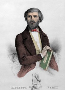 Portrait of the Italian composer Giuseppe Verdi with the score for 