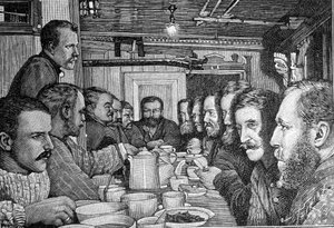 Portrait of the Norwegian explorer Fridtjof Nansen (1861-1930), scientist and diplomat, announcing his plan to approach the North pole to the crew of the ship Fram around 1897. Engraving