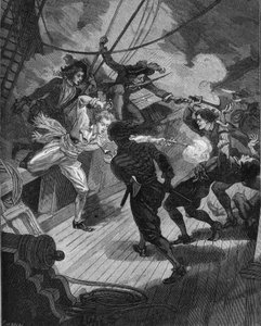Privateer Jean Bart (1650-1702) approaching a ship. Engraving of the 19th century. In 
