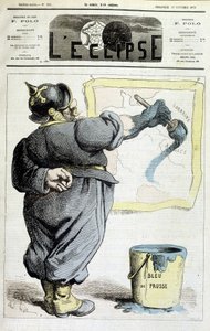 Prussian soldier tracing the borders of Alsace-Lorraine to the blue of Prussia - in 