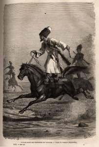 Race of Cossacks, climbs in balance standing on their saddle, riders whip their horses to make them gallop. Engraving to illustrate the voyage in the provinces of the Caucasus, by Basile Vereschaguine, in 1864-1865, published in Le tour du monde