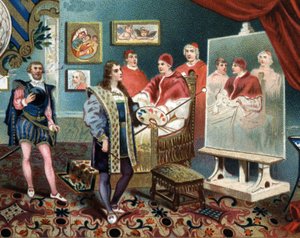 Raphael (Raffaello Sanzio) working on the portrait of Pope Leon X surrounds Cardinals Jules de Medicis (Giulio) (Pope Clement VII)