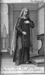 Religious order. Novice of the Order of St. Rosalia in Palermo in Sicily in the 17th century. In History of military orders or knights, of the secure and routine militias of both sexes, which have been established until now. Edition taken from Abbe Gius by Unknown artist