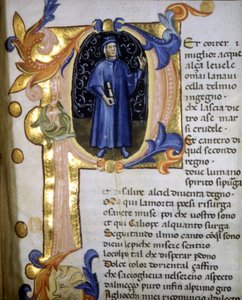 Representation in a lettrine of the poet Dante Alighieri, miniature 14th century by Unknown artist
