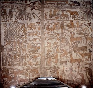 Representation of Alexander the Great (356-323 BC), king of Macedonia and conqueror of Persia, surrounds Indian fauna during the conquest of India and the Hellenistic deluge on the right, on the left the construction of the Tower of Babel. Pavement of Pant