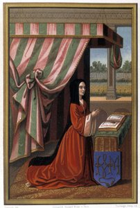 Representation of Anne de France known as Anne de Beaujeu (1461-1522) in prayer. She is the daughter of Louis XI and Charlotte de Savoie. Chromolithography after illumination by Unknown artist