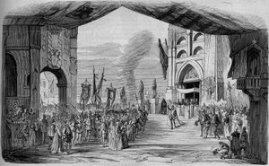 Representation of Don Carlo (Don Carlos) Opera in 5 acts by Giuseppe Verdi at the Paris Opera on 11 March 1867. The car da fe, 3rd act, decor of Cambon and Thierry. Engraving from 1867.