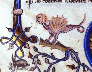 Representation of a fantastic animal, half man half dragon. Miniature of a 14th century manuscript