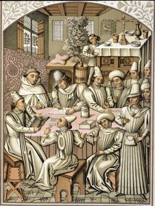Representation of civil servants in the 14th century. Chromolithograph from the book of accounts of the confraternity 