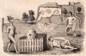 Representation of medieval tribes and animal species: men with long ears, one asleep, and a chimera with a mace