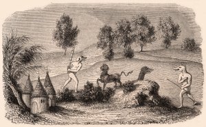 Representation of medieval tribes and animal species: two Cynocephalus fighting monsters