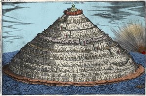 Representation of the Purgatory after the Divine Comedy of Dante Alighieri (1265-1321): the earthly Paradise is at the top. Anonymous engraving of the 17th century