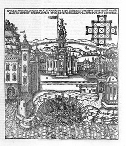 Representation of the Seven Wonders of Antiquity: the Mausoleum of Halicarnassus which was located on the Aegean Sea in southwestern Turkey. Engraving in “De Architectura” by Vitruvius (1st century BC) - edition by Gottardo da Ponte, Como by Unknown artist