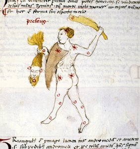 Representation of the constellation of Bouvier (Bootes). The hunter Bootes holds the hair of Berenices in his hand. Miniature from “Astronomica” by Biasino da Parma (Blaise de Parma) (1425-1457)