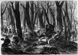 Restoration works in the Tuileries Garden in Paris. Engraving in 