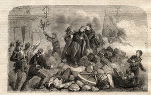 Revolution 1848: The Archeveque Monsignor Denis Affre (1793-1848) on the Barricade Faubourg Saint Antoine in Paris 26/06/1848 (Do o mon dieu que mon sang soit le dernier verse) (Death Denis Affre Archbishop of Paris of the barricade at the entrance to t by Unknown artist