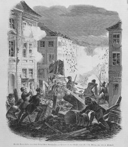 Revolution of March 1848: barricade in Berlin on 19/03/1848. Frederic William IV of Prussia will be led to accept reunification and a liberal government.