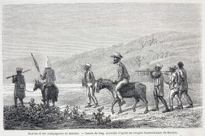 Richard Francis Burton, British explorer, and his companions in Africa. Drawing illustrating the article 