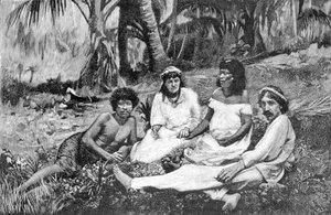 Robert Louis Stevenson (1850 - 1894) with his wife in Samoa where he had his residence published in Vailima. Engraving around 1890-1895. by Unknown artist