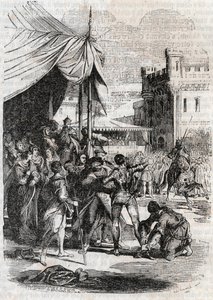 Roger (Ruggero, Ruggiero) defies in battle by Rodomont (Rodomonte) - engraving of 1851 from Furious Roland (Orlando furioso) (16th century) by Ludovico Ariosto, known as the Ariosta - Edition translated from Italian by the Count of Tressan and published