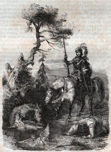Roger (Ruggero, Ruggiero) makes use of the enchanting shield - engraving of 1851 from Furious Roland (Orlando furioso) (16th century) by Ludovico Ariosto, known as the Ariosta - Edition translated from Italian by the Count of Tressan and published by by Unknown artist