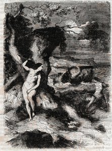 Roland delivers Olympe - engraving of 1851 from Roland furieux (Orlando furioso) (16th century) by Ludovico Ariosto, known as the Ariosta - Edition translated from Italian by the Count of Tressan and published by Gustave Harvard 1851