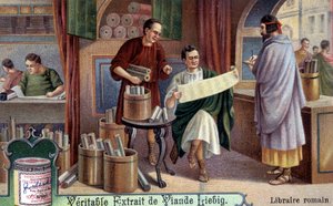 Roman bookseller. Chromolithography, Liebig image by Unknown artist