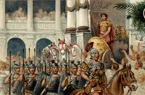Roman political system. The Emperor: Defile in honor of the victories of the Roman Emperor Augustus won in Actium, Pannonia and Egypt. Chromolithography of the late 19th century. by Unknown artist