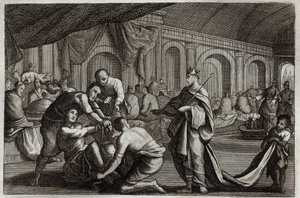 Royaumont Bible, New Testament: Bridal dress. Parable of a King who made the wedding of his son, from which he rejected a man who did not have the bridal dress. Illustration from 1811. by Unknown artist