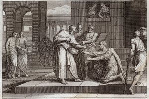 Royaumont Bible, New Testament: Cornelius baptizes. Cornelius the centurion receives the faith of Jesus Christ, and is baptized by St. Peter. Illustration from 1811. by Unknown artist