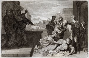 Royaumont Bible, New Testament: Death of Anania and his wife Saphire before St. Peter and St. John. Illustration from 1811