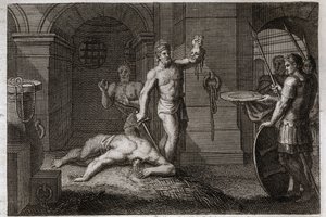 Royaumont Bible, New Testament: Decollation of Saint John the Baptist. His head is placed on a platter. Illustration from 1811. by Unknown artist
