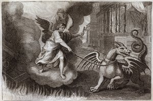 Royaumont Bible, New Testament: Dragon Chains. The Dragon of Revelation, symbol of the Devil, is chained by an Angel holding the key of the abime. Illustration from 1811 by Unknown artist