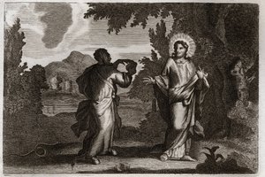 Royaumont Bible, New Testament: Jesus Christ in the desert. Jesus is driven into the desert. He fasts forty days and forty nights. He is tempted by the demon who invites him to turn stones into bread. Illustration from 1811. by Unknown artist